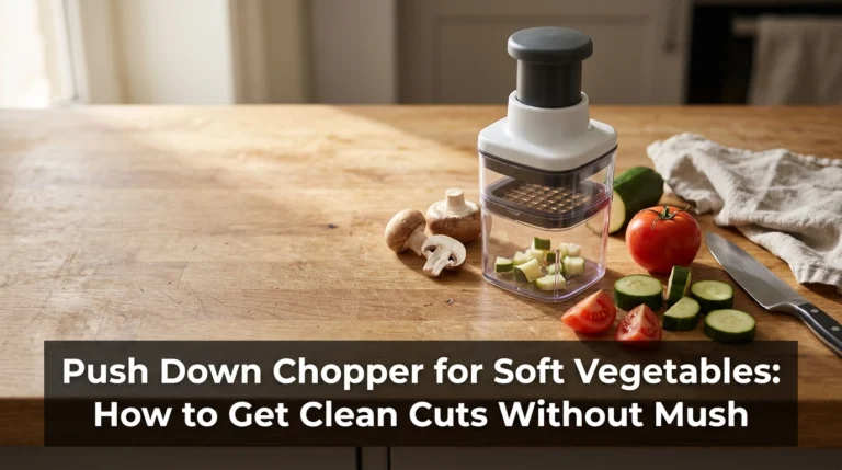 Push down chopper for soft vegetables beside zucchini, tomato, cucumber, mushrooms, and a chef's knife.