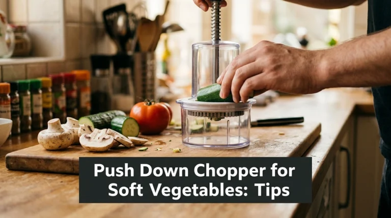 Push-down vegetable chopper with zucchini, mushrooms, cucumbers, and firm tomatoes on a kitchen cutting board.