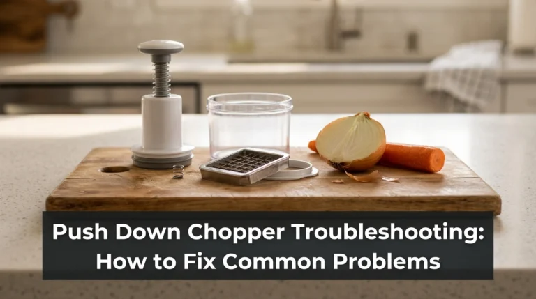 Disassembled push-down vegetable chopper on a kitchen counter with fresh produce.