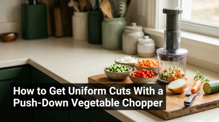 Push-down vegetable chopper beside evenly diced carrots, cucumber, peppers, and onion on a kitchen counter.