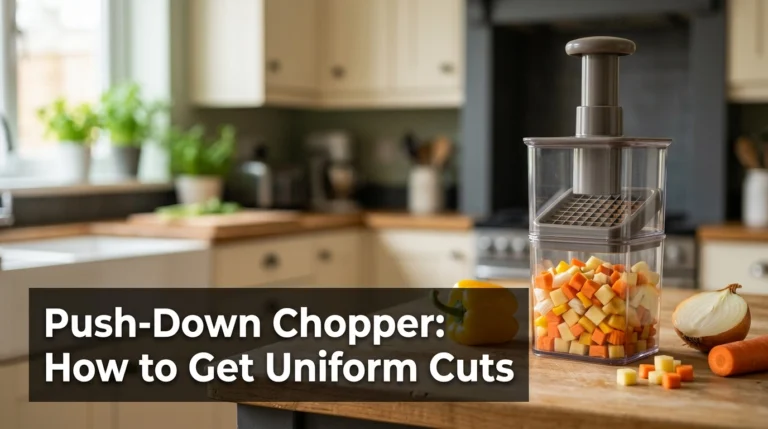 Push-down vegetable chopper filled with evenly diced carrots, potatoes, onions, and bell peppers.
