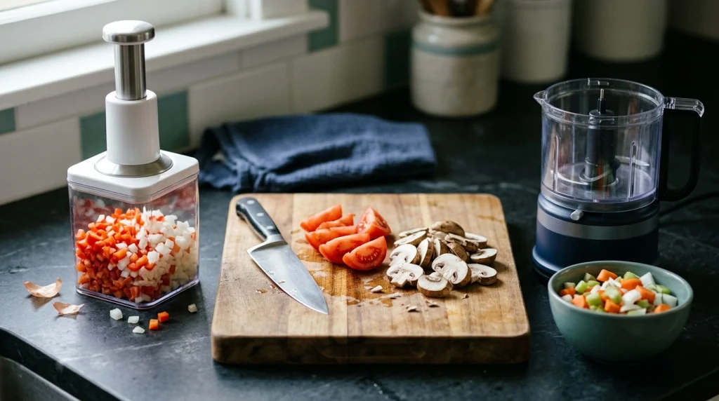 Push down chopper, chef's knife, and electric food processor arranged beside freshly cut vegetables.