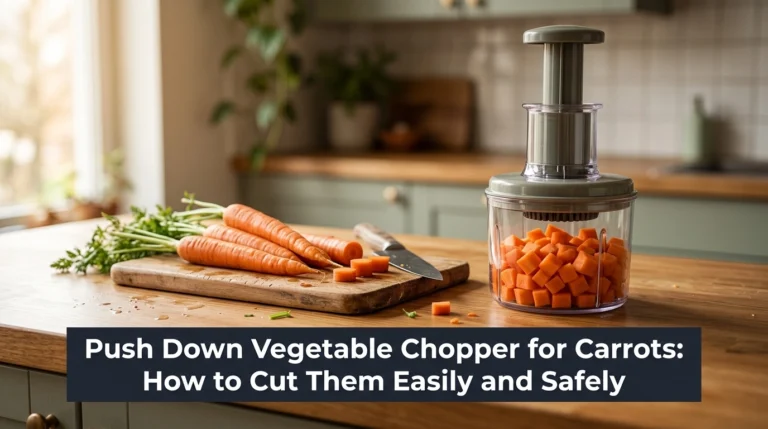 Push down vegetable chopper for carrots with diced orange carrots and fresh carrot sections.