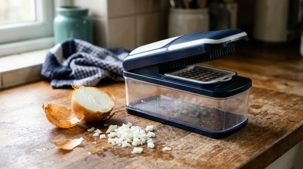Manual push-down vegetable chopper showing the cutting grid, pressing lid, and onion container.