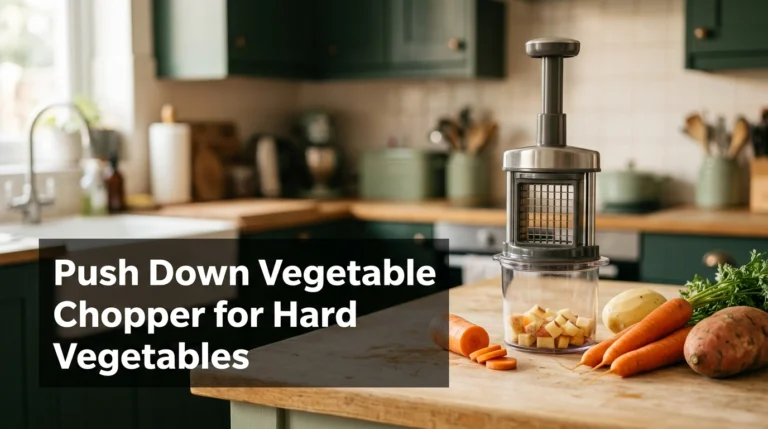 Push down vegetable chopper beside carrots, potatoes, and raw sweet potato on a kitchen counter.