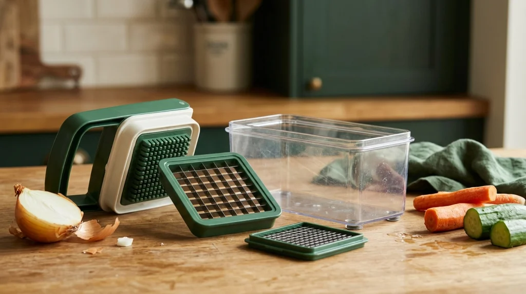 Push-down vegetable chopper components arranged on a kitchen counter with its cutting grid and collection container.