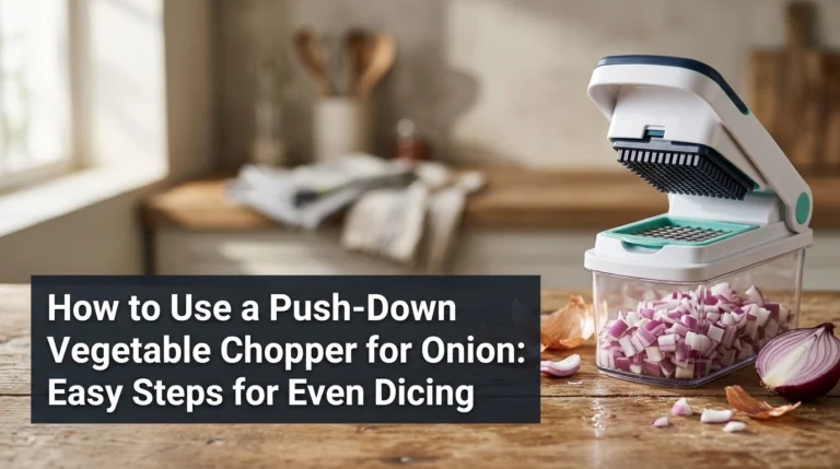 Push-down vegetable chopper filled with evenly diced red onion on a wooden kitchen counter.