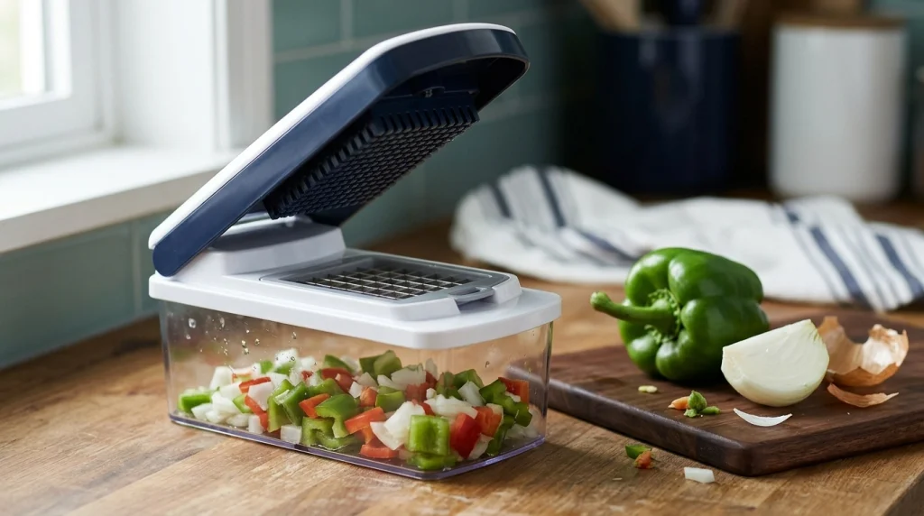 Open push down chopper showing the stainless-steel cutting grid, pressing lid, and diced vegetables in its container.