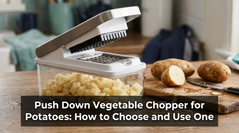 Push down vegetable chopper for potatoes beside raw potatoes and evenly diced cubes on a kitchen counter.