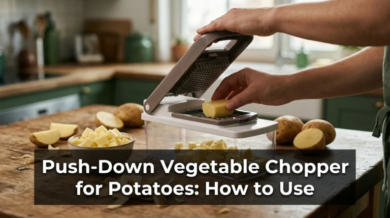 Push-down vegetable chopper for potatoes with raw potato pieces and freshly diced cubes on a kitchen counter.