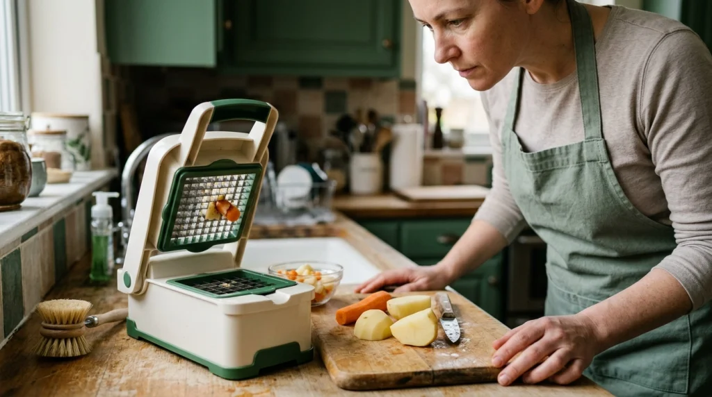 Manual vegetable dicer under inspection with firm vegetables and a cleaning brush beside the blade grid.