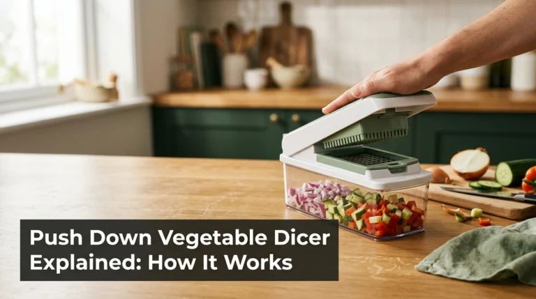 Push down vegetable dicer with stainless-steel blade grid and freshly diced vegetables in a home kitchen.