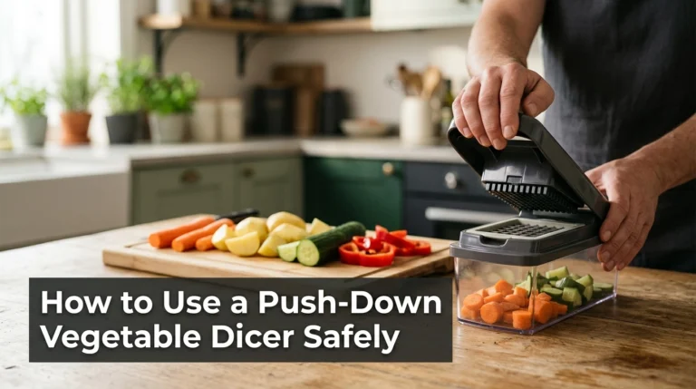 Push-down vegetable chopper with small, medium, and large vegetable dice on a wooden kitchen board.