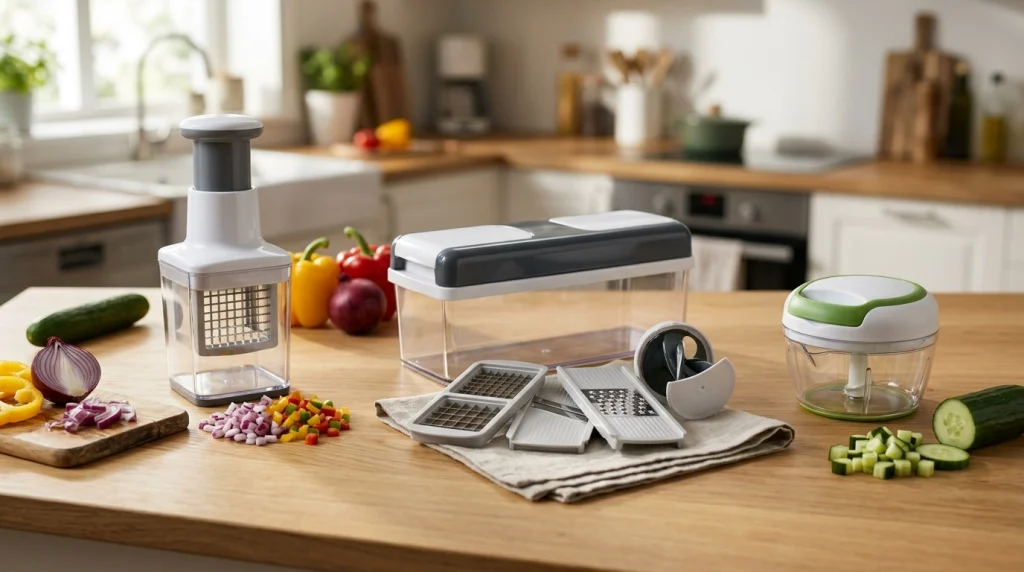 Three styles of vegetable choppers with containers for everyday chopping, multifunction cutting, and small portions.