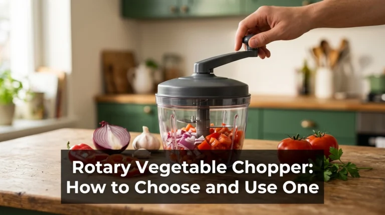 Manual rotary vegetable chopper with hand crank, chopped onions, peppers, and tomatoes on a kitchen counter.