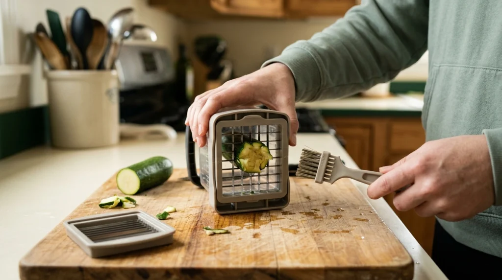 Vegetable chopper with a zucchini piece stuck in its grid and a cleaning brush beside the cutting board.