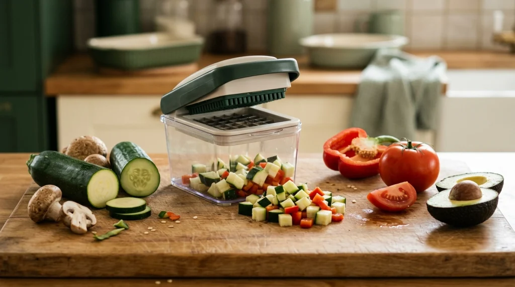 Push-down chopper beside zucchini, cucumber, mushrooms, bell pepper, tomato, and avocado in a home kitchen.