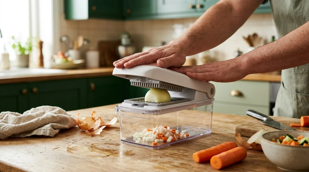 Home cook pressing an onion through a push down vegetable chopper cutting grid.