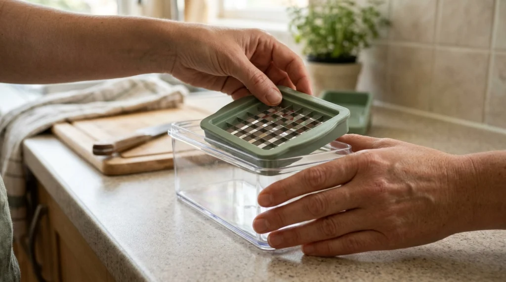 Hands properly securing the blade assembly of a vegetable chopper.