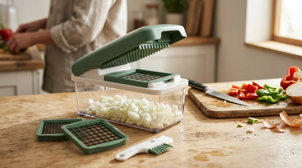 Vegetable chopper with stainless steel grids, removable blades, cleaning brush, and transparent collection container.