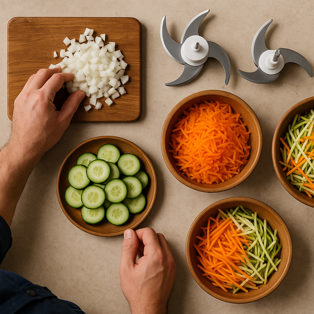 Assorted chopper blades and prepared vegetables for slicing, grating, and dicing