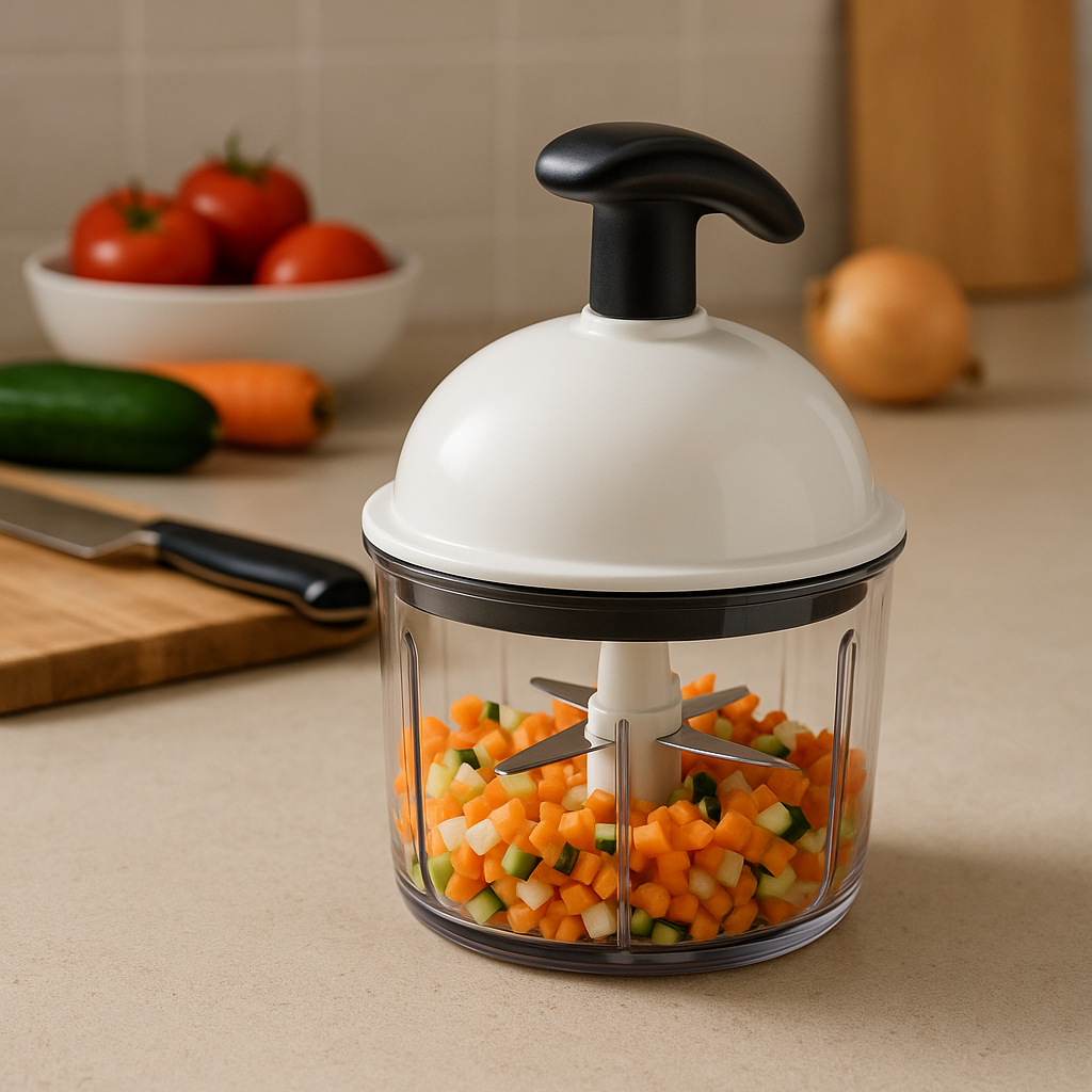 Vegetable chopper with container on a kitchen counter