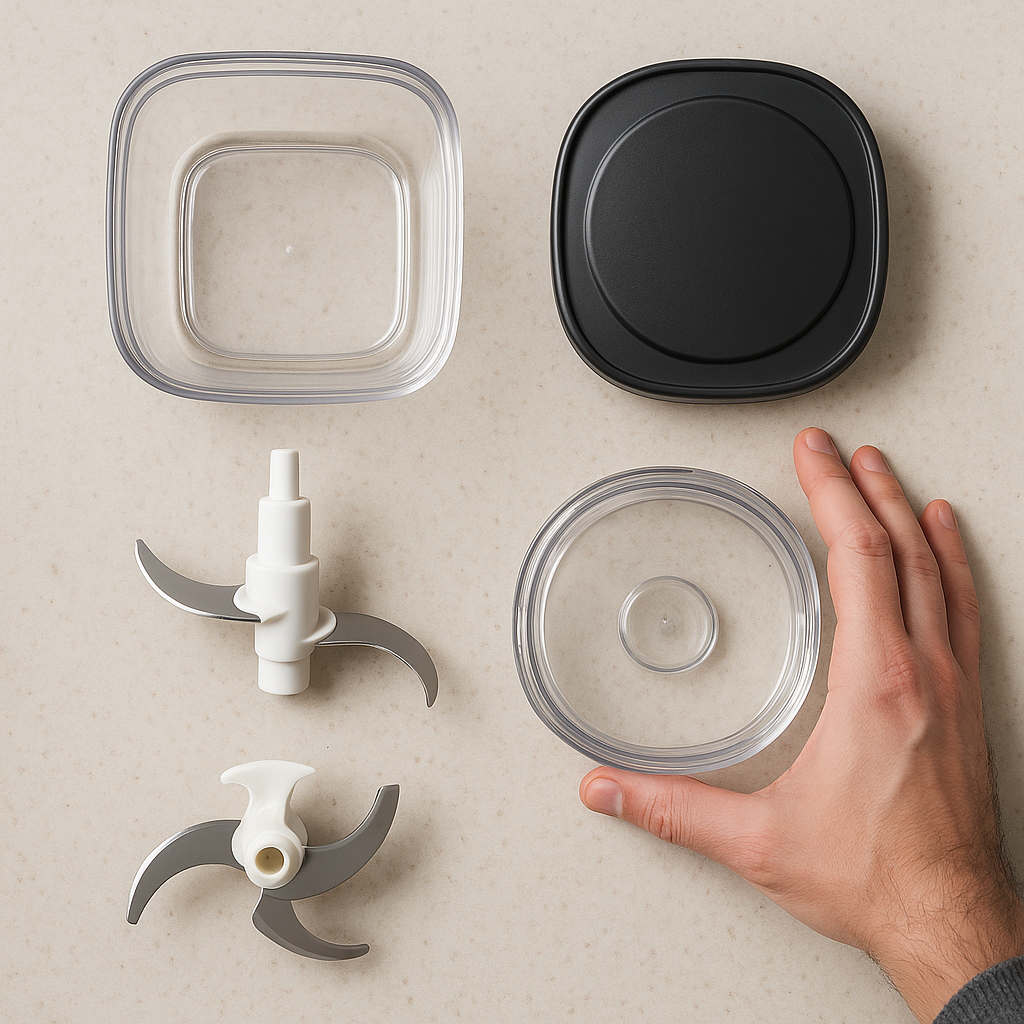 Disassembled vegetable chopper parts on a counter