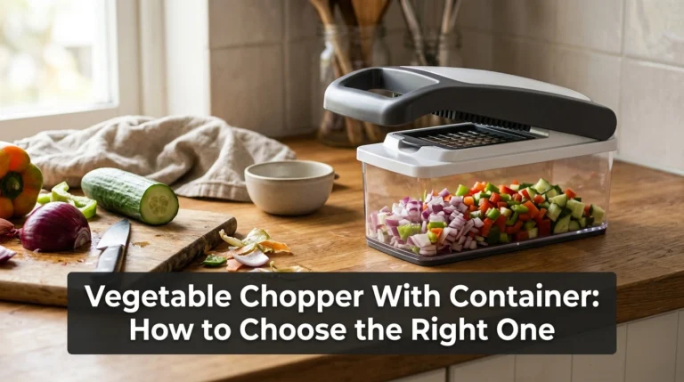 Manual vegetable chopper with container holding diced onions and peppers on a kitchen countertop.