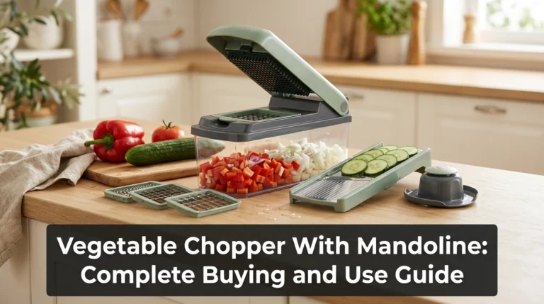 Vegetable chopper with mandoline, stainless steel attachments, diced peppers, onions and cucumber slices on a kitchen counter.
