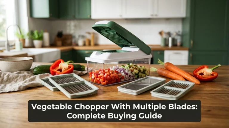 Vegetable chopper with multiple blades, stainless steel attachments and fresh diced vegetables on a kitchen counter.