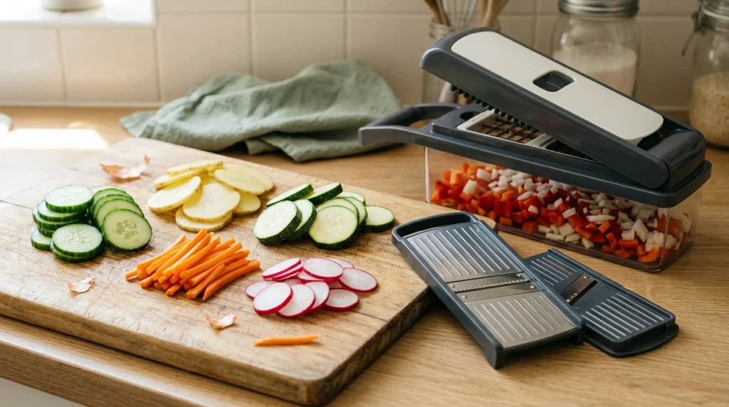 Mandoline vegetable chopper beside diced onions, peppers, cucumber rounds, potato slices and carrot strips.