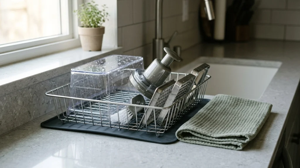 Clean vegetable chopper parts drying neatly on a kitchen rack.