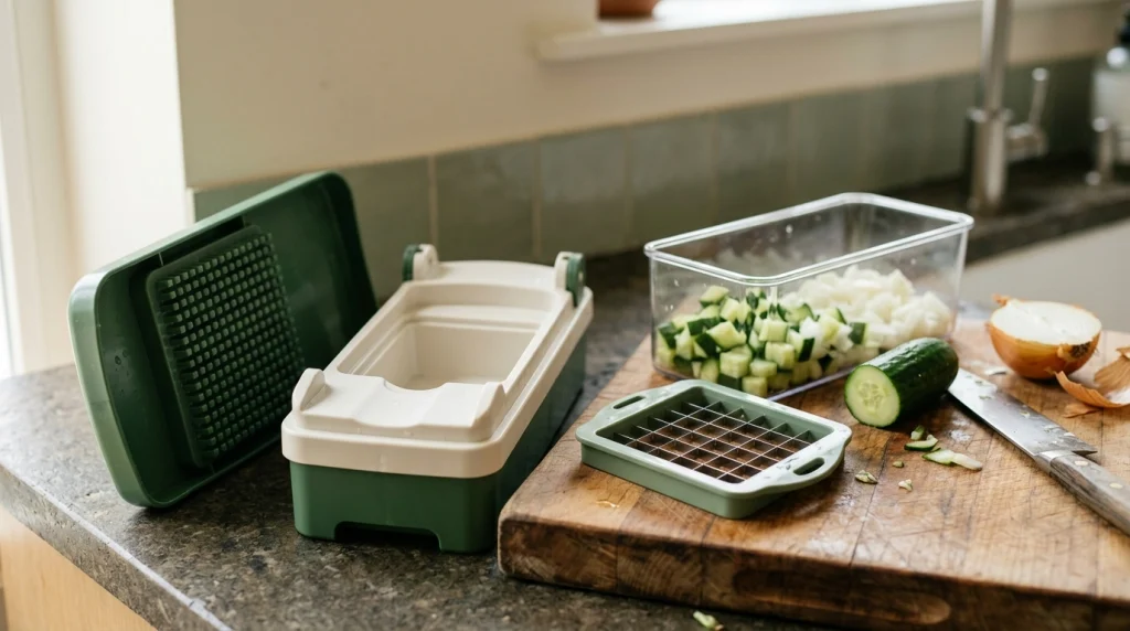 Manual push vegetable dicer separated into its blade grid, pressure lid, frame, and collection container.
