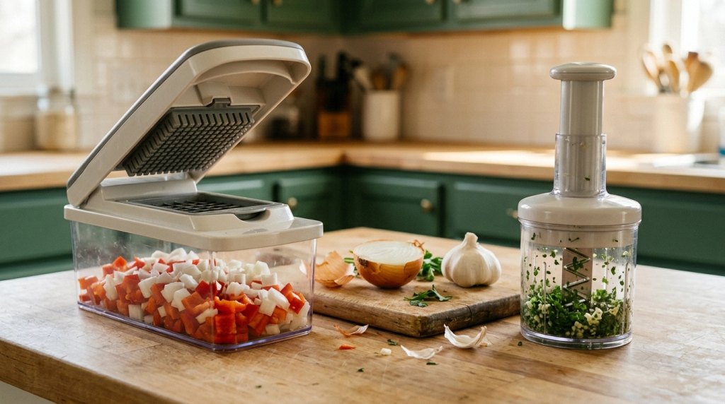 Grid-style press vegetable chopper beside a plunger-style model showing different manual cutting mechanisms.