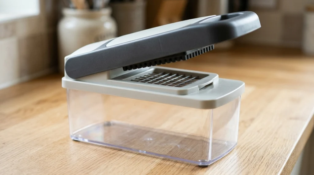 Stainless steel push down vegetable chopper on a wooden countertop.