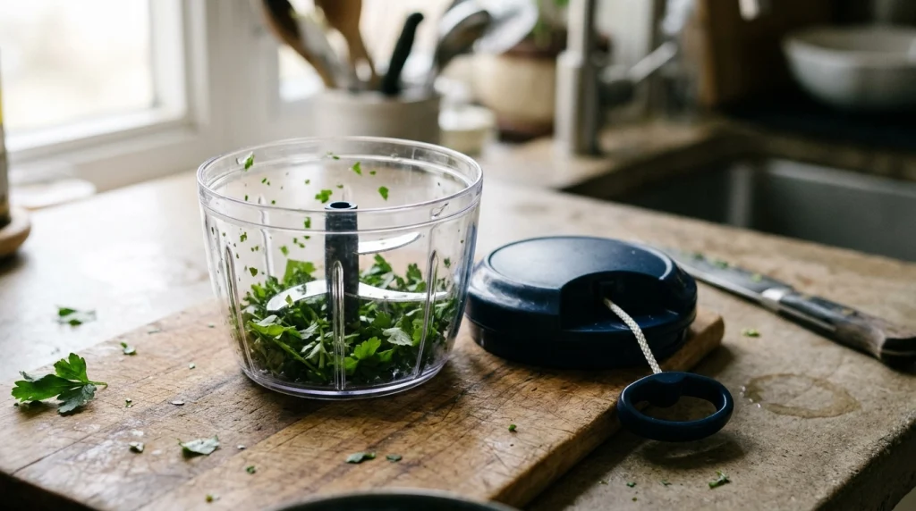 Transparent pull cord chopper for herbs showing the bowl, stainless steel blades, and retractable handle.