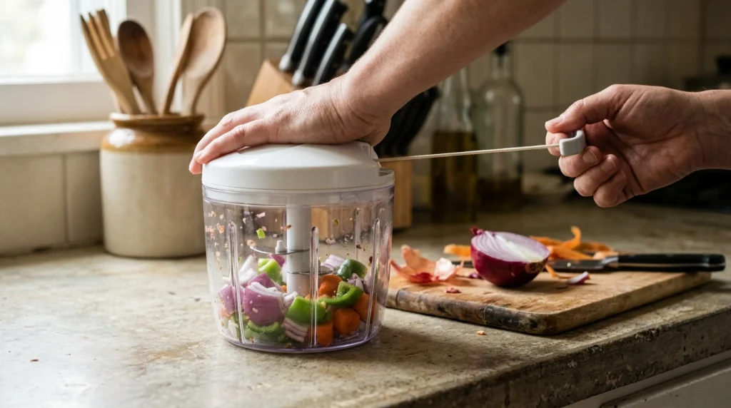 Hands operating a pull cord chopper for meal prep with chopped vegetables inside a clear bowl.