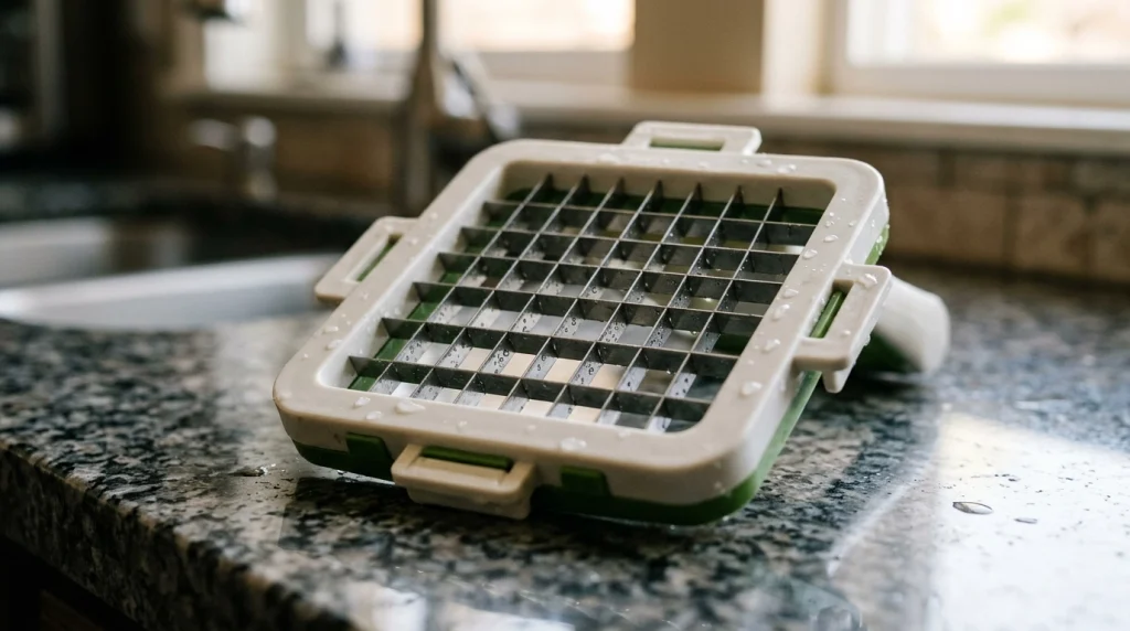 Close-up of vegetable chopper cutting grid components on a countertop.