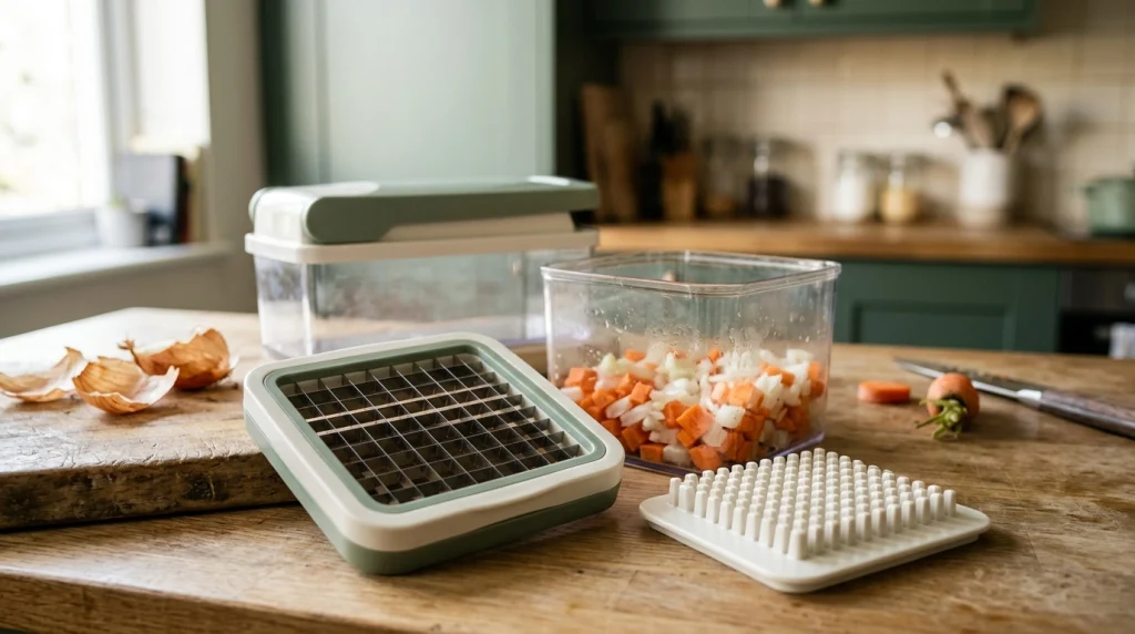 Stainless-steel push-down chopper blade grid, matching pusher plate, and collection container arranged on a kitchen counter.