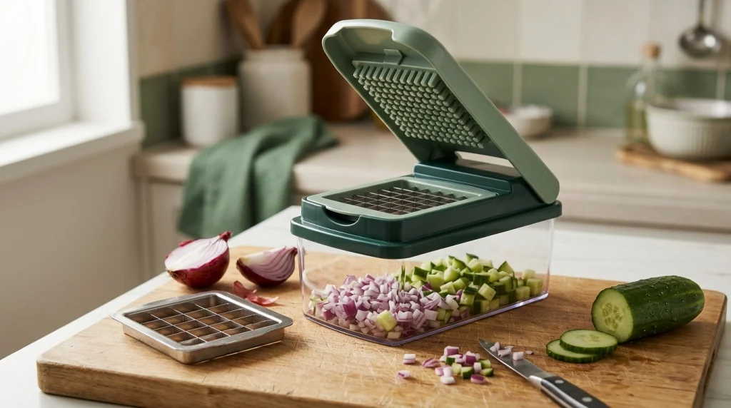 Manual push down vegetable dicer components showing a stainless-steel cutting grid, pusher lid, and collection container.