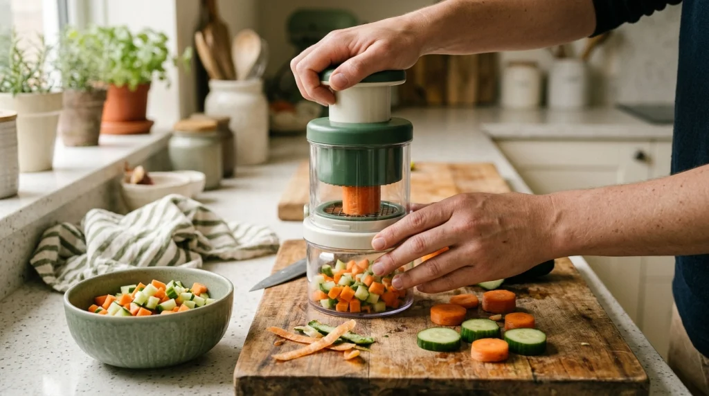 Hands pressing a push-down vegetable chopper beside pre-cut carrots and evenly diced vegetables.
