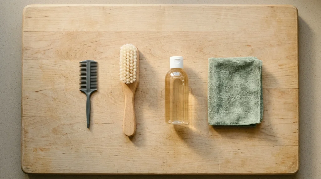 Cleaning comb, soft brush, and microfiber cloth arranged neatly on a wooden board.