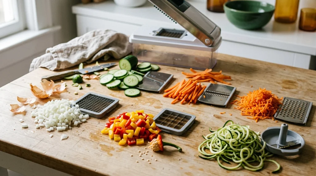 Six vegetable chopper blade types beside finely diced onions, pepper cubes, cucumber slices and carrot strips.