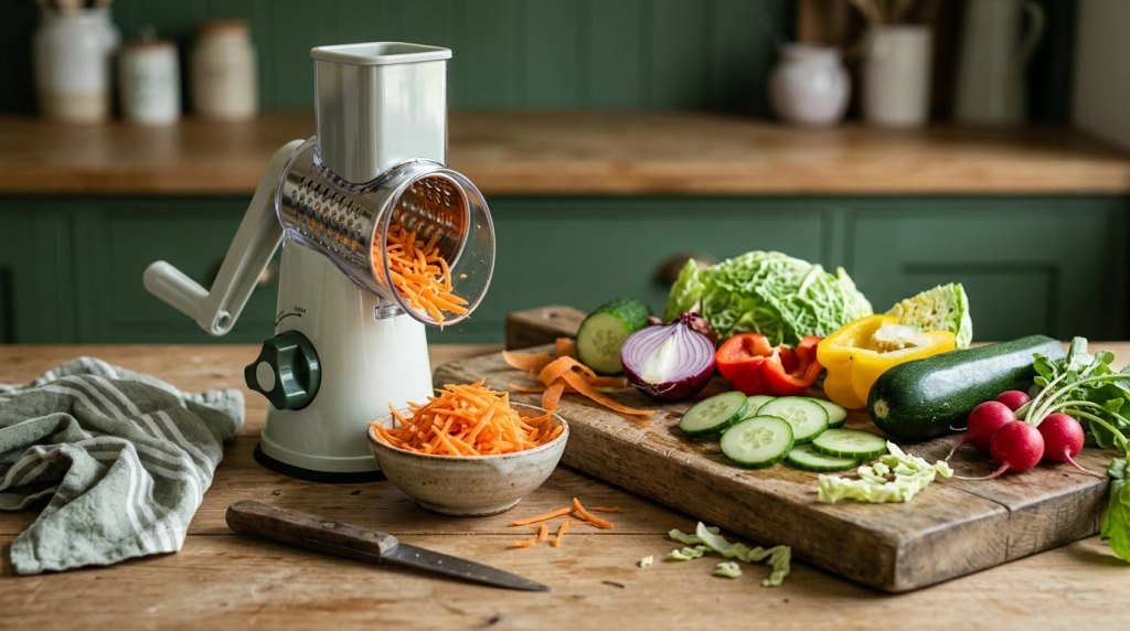 Hand crank vegetable chopper with carrots, cucumbers, onions, peppers, cabbage, zucchini, and radishes.