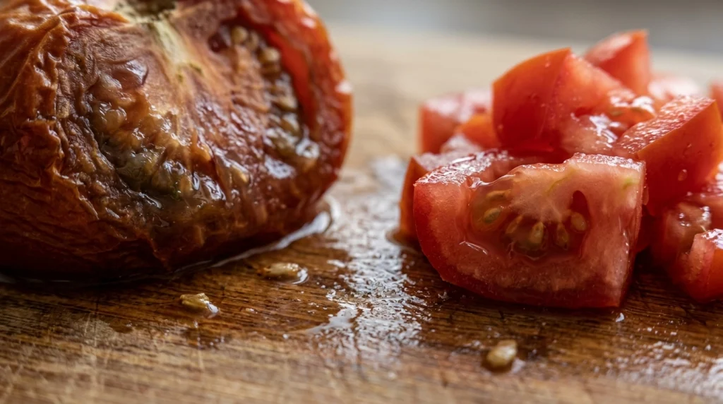 Close-up view of tomato texture differences during vegetable chopping.