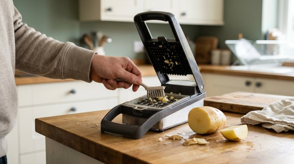 Home cook using a cleaning brush to remove trapped potato pieces from an open hinged vegetable chopper.